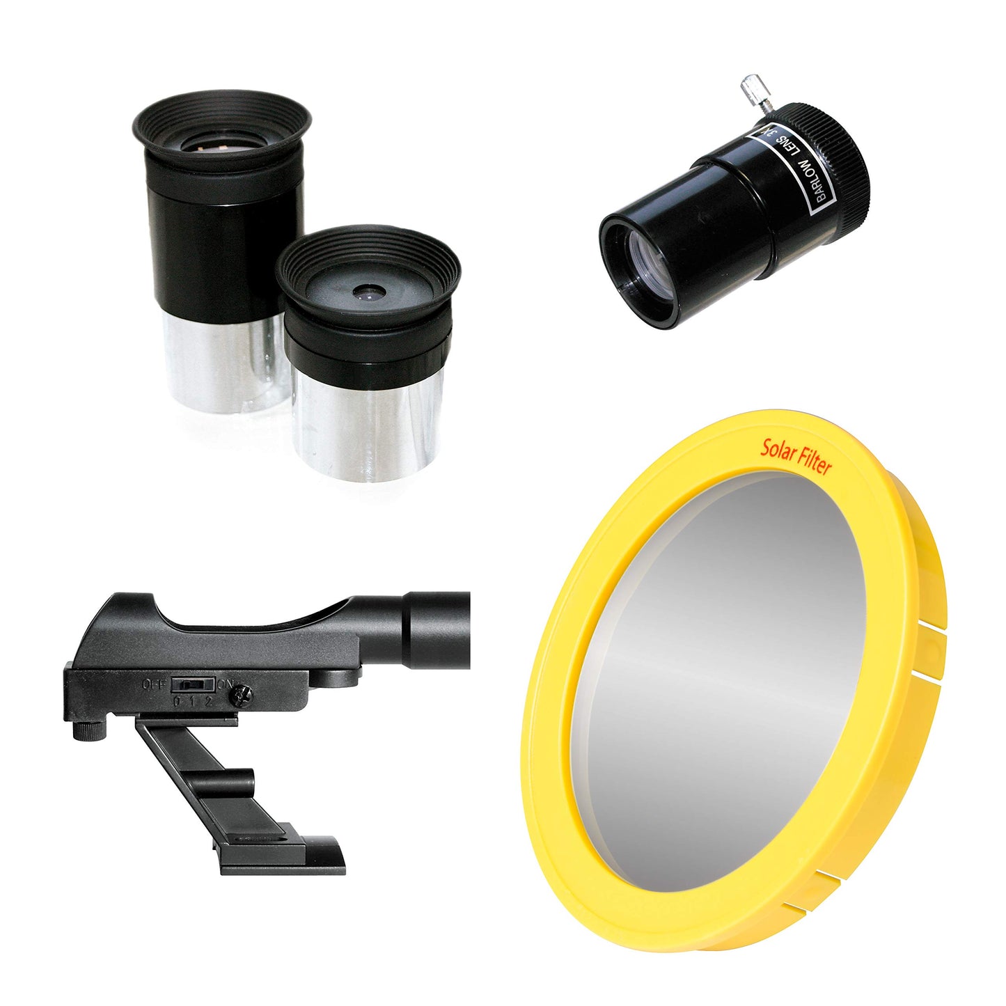 Bresser Spica EQ 130/650 reflector telescope with smartphone camera adapter and high-quality lens solar filter, including mount, tripod, and accessories.