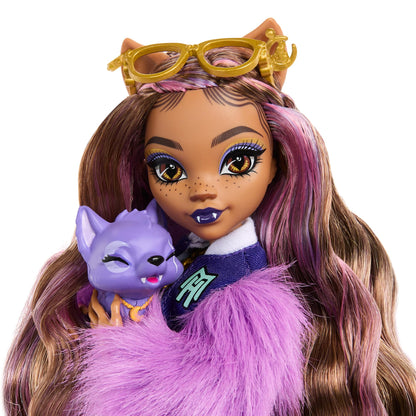Monster High Clawdeen Wolf doll with pet dog Crescent and accessories like backpack, calendar, snacks, and more, HRP65