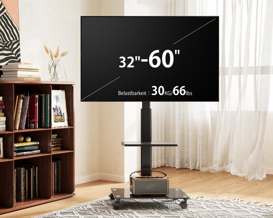 FITUEYES TV Stand Rolling TV Cart 2 Shelves Base TV Stand with Shelf adjustable height swivel for 32 to 60 Inch Flat & Curved TVs up to 30kg Max.VESA 600 * 400
