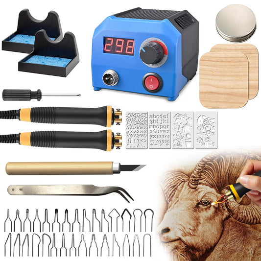 FIRElood LH55-1 wood burning set, pyrography wood burning tool set with pyrography machine, 30 wire tips, 2 wood burning pens, adjustable temperature 250-700 ℃.