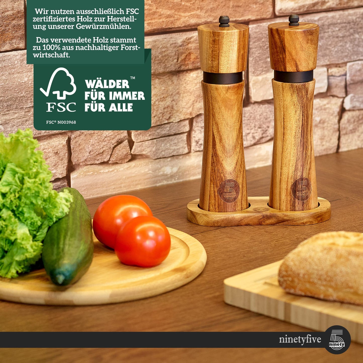 ninetyfive® premium wooden pepper mill set | salt and pepper grinder + coaster and filling spoon made of acacia wood | spice mills with ceramic grinder (21cm) | high-quality gift packaging