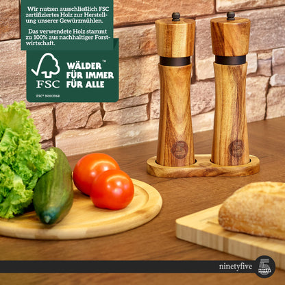 ninetyfive® premium wooden pepper mill set | salt and pepper grinder + coaster and filling spoon made of acacia wood | spice mills with ceramic grinder (21cm) | high-quality gift packaging
