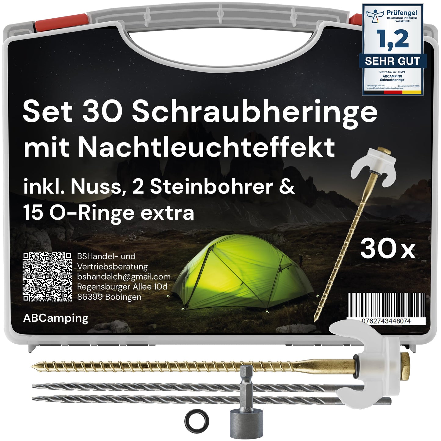 ABCamping Screw Pegs Set - [30 pieces] Steel pegs for soft to hard ground including drills (5mm & 6mm) - Tent screws with light effect, including carrying case, 15x O-rings & bit for power drill.