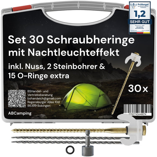 ABCamping Screw Pegs Set - [30 pieces] Steel pegs for soft to hard ground including drills (5mm & 6mm) - Tent screws with light effect, including carrying case, 15x O-rings & bit for power drill.