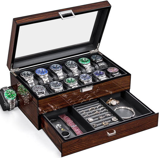 BEWISHOME 12 Watch Box with Tray Drawer, Luxury Men's Watch Case, Watch Storage with Genuine Glass Lid, Metal Hinge, Watch Storage Box, Watch Box, Brown, ESSH02Y