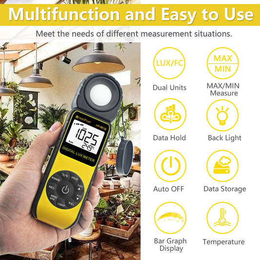 Digital light meter HoldPeak 881D 0.01~400,000 Lux, Lux meter 270° rotatable probe with data storage, Lux light meter for plants/LED lights/digital photography.