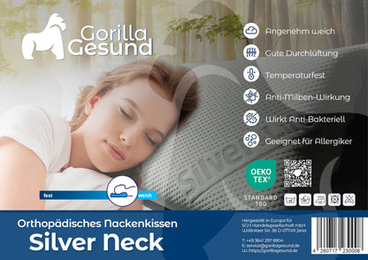 Gorilla Healthy Orthopedic Neck Pillow Silver Neck - viscoelastic pillow, memory foam headrest with Silver & Life cover - 70x34cm - height 13cm
