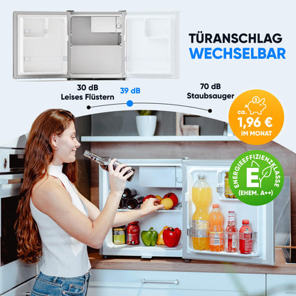 Silentstar Mini Fridge E 45L with automatic defrost, lock, freezer compartment, quiet, ideal for kitchen, office, bedroom, hotels and small apartments. Small fridge minibar drinks fridge silver.