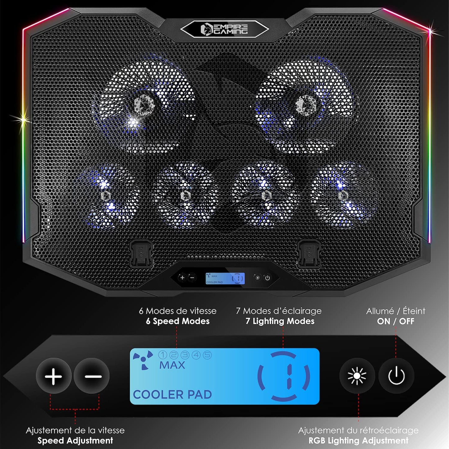 EMPIRE GAMING - Guardian S-C100 Laptop Cooler RGB Gamer - 6 Fans - LCD Controller - 5 Height Adjustments - Compatible for 12 to 17 Inches - Detachable Smartphone Holder, Air