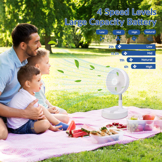 Primevolve Fan with Remote Control, 7200mAh Battery USB Stand Fan Foldable Portable for Outdoor Travel Camping, Quiet Desk Fan for Bedroom Office- White-7.7"