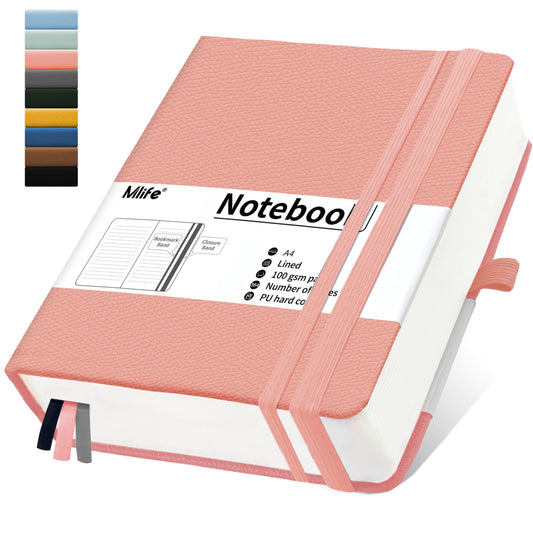 Mlife Notebook A4 Lined, Thick Notebooks with 360 Numbered Pages and 100gsm Inkproof Paper, Hardcover College Pad, Diary with 2 Back Pockets for Office or School Use (Pink)