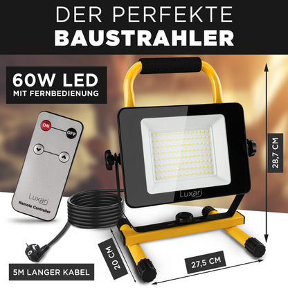 Luxari LED construction spotlight [60W & 5400LM] - Dimmable construction lamp IP65 waterproof − 5m cable & remote control − Work light LED spotlight − Energy efficiency class A+