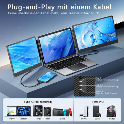 Portable monitor for laptop, 14” triple laptop screen extender, FHD 1080p portable monitor screen expansion, plug & play no driver compatible with Windows Mac Android.