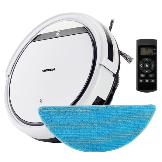 MEDION robot vacuum with mopping function E32 SW (2in1 robot vacuum cleaner for floors tiles, optimized for pet hair allergy sufferers, remote control, charging station)