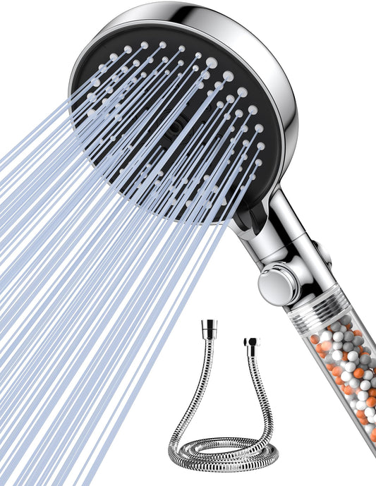 VOXON Shower Head with Hose 1.5M, Water Saving Shower Head with Filter and 6 Spray Modes & Stop Function, Handheld Shower Head with Hose Pressure Boosting with 3-Layer Filtration and Extra Stones