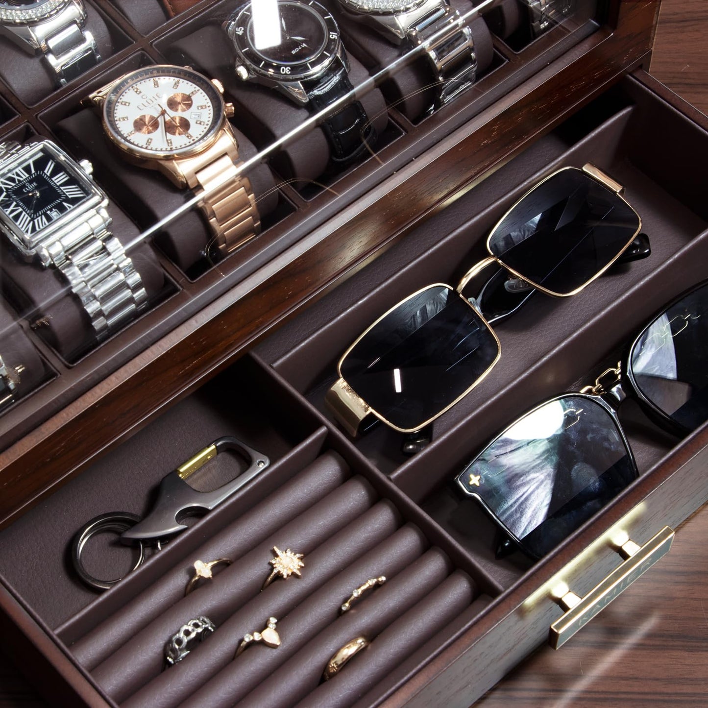 KAMIER Men's Watch Box with 12 compartments, Luxurious Large Real Wood Watch Box 2 Levels, Watch Case with removable watch cushions and drawer, Premium Watch Case with glass cover (with gift box)