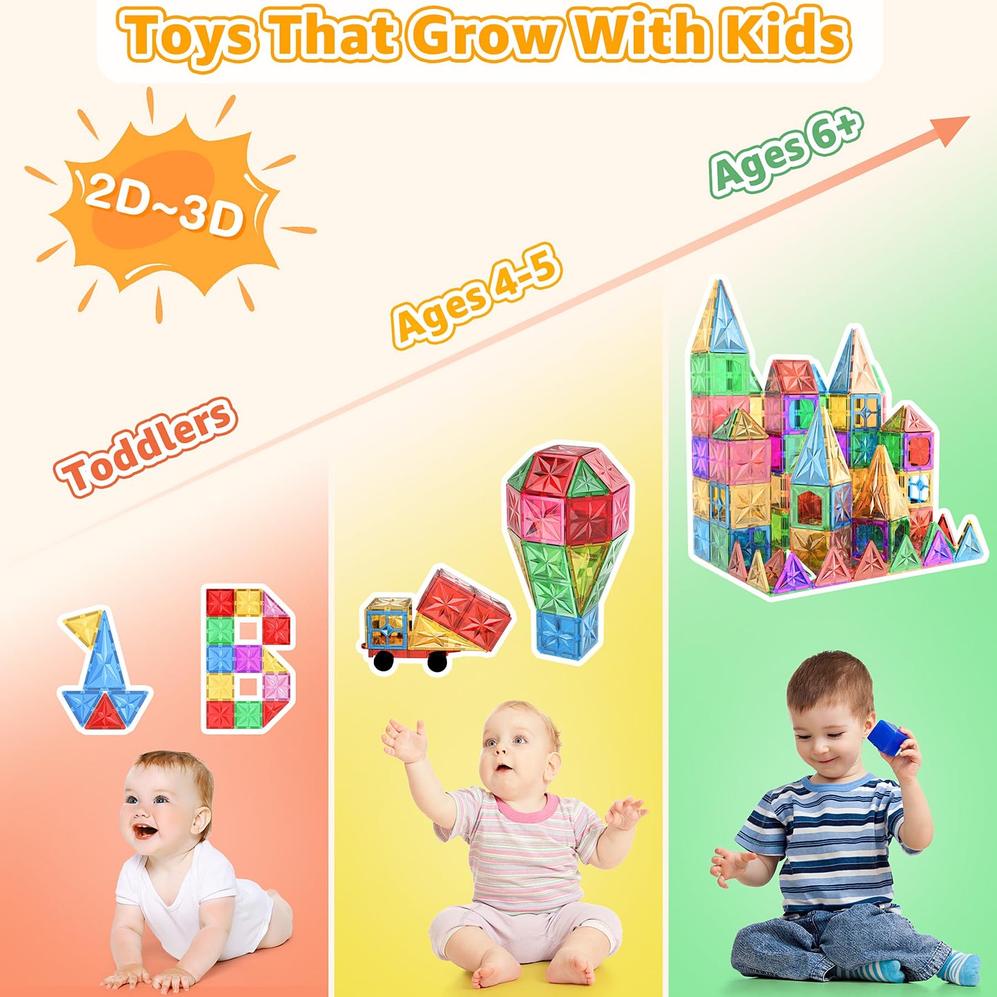Perbabe Magnetic Building Blocks, 61 pieces magnetic blocks for kids with strong magnets. 3D educational STEM Montessori toy with cars. Perfect gift for 3-7 year olds.