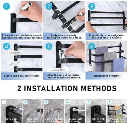 Towel holder, aluminum towel rack, wall mounted 3-tier towel bar with hooks 80CM Black Waterproof Rustproof towel holder for bathroom/kitchen/towel rack/shoe rack.