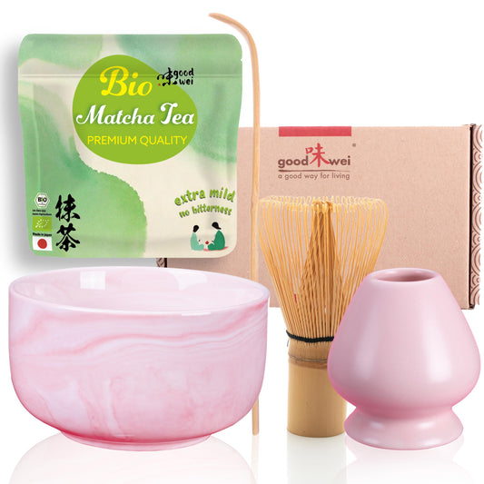 Goodwei BIO Matcha from Japan in the Matcha set complete with premium Matcha bowl made of ceramics, Matcha whisk, and whisk holder | Gift set for tea ceremony (Pink)