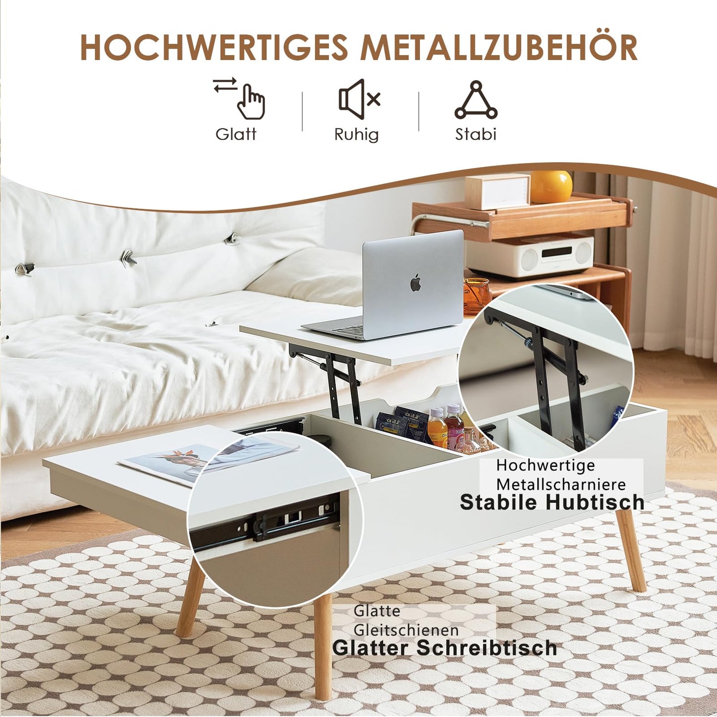 JanflyHome coffee table height adjustable with sliding plate, living room table adjustable in height, coffee tables with storage space, modern white coffee table with 2 large separate hidden storage compartments, White