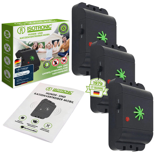 ISOTRONIC mobile dog and cat repellent with ultrasound | for barn, garden, car, and garage | high-pitched tones, variable frequency to prevent habituation - 3 pieces
