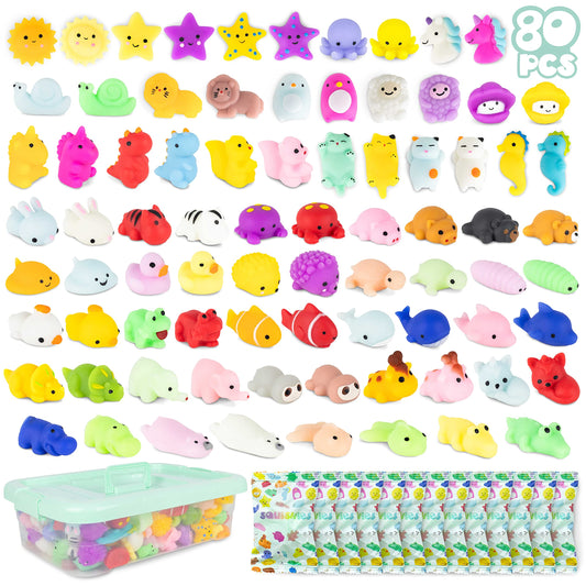 Mochi Squishy Set Party Favors for Kids Birthday 80 Pieces - BONNYCO | Small Gifts for Kids, Party Favor, Pinata Filler | Back to School Giveaways Set