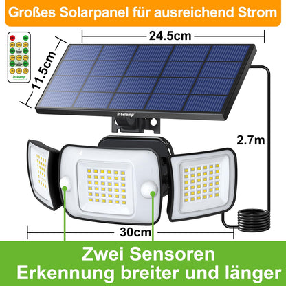 INTELAMP Solar spotlight with motion sensor and remote control, 6000mAh lithium iron phosphate battery 1200LM high brightness solar light, 4 modes 270° wide angle solar lights with 2.7m cable.