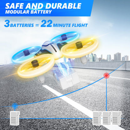 Mini drone with 720P HD camera for kids, RC drone with LED lights, 3D flips, headless mode, and 3 batteries, 21 min long flight time, toy drone helicopter for kids and beginners, orange.