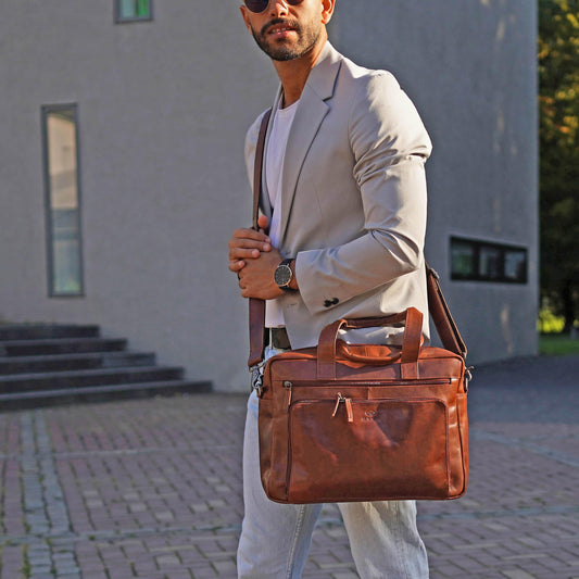 ALMADIH leather laptop bag briefcase BRUNO deluxe - premium business bag shoulder bag men's messenger work bag shoulder bag document suitcase loop brown (BRUNO antique)