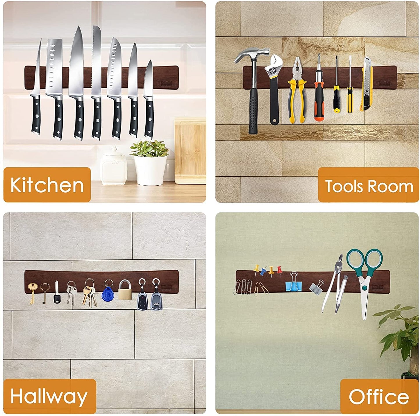 HOSHANHO Magnetic Knife Strip, Magnetic Knife Holder for Wall, Wooden Magnetic Knife Holder for Utensils and Tool Storage, 40cm/16in