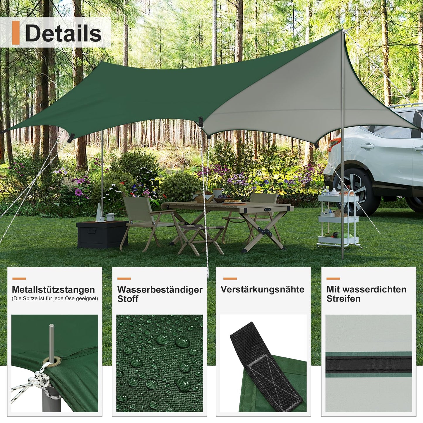 WOLTU tent tarp waterproof 4.4x4.4m PU 3000mm, UV protection tarp with 2 support poles, multifunctional ultralight camping tarp sun/rain protection for picnic hiking hammock