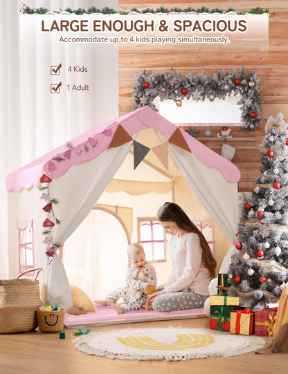 Besrey 2 IN 1 Kids Tent, Children's Playhouse Indoor with Mat and Lights, Kids Bed Tent, Play Tent for Indoors, Princess Tent, Children's Playhouse, Cozy Corner Kids Room Decor from 3 years pink