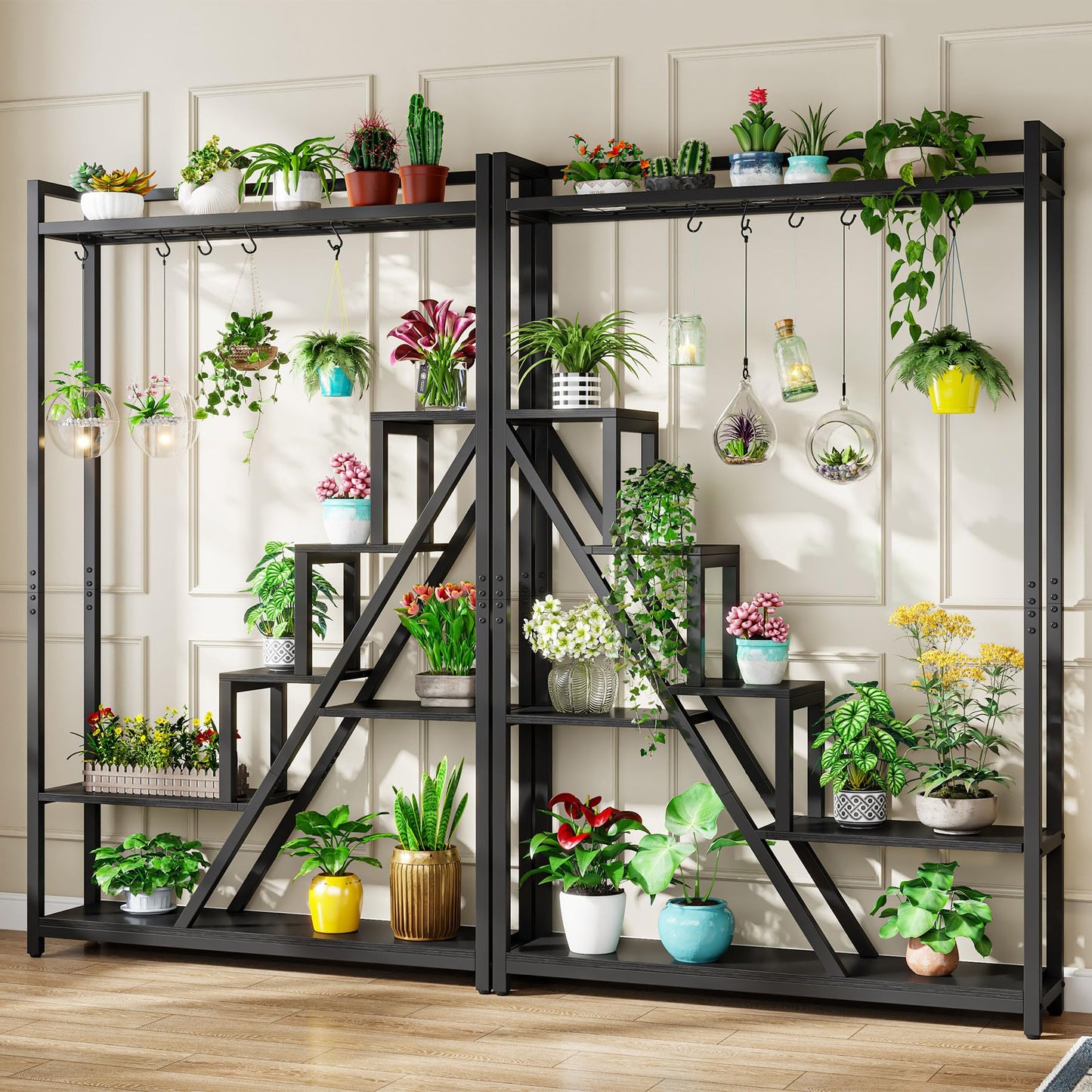 Tribesigns Flower Stand, 7-tier large plant shelf with 5 S-hooks, 180cm tall industrial wooden flower stand for indoor balcony floor plant stand living room (Black)