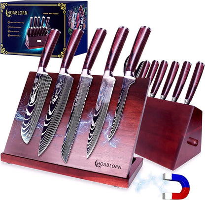 Kitchen Knife Set with Block HOABLORN Luxury 15-piece Knife Block with Knives: Acacia Knife Holder with Strong Magnetic Heart, knife set with block, for housewarming and wedding gifts.
