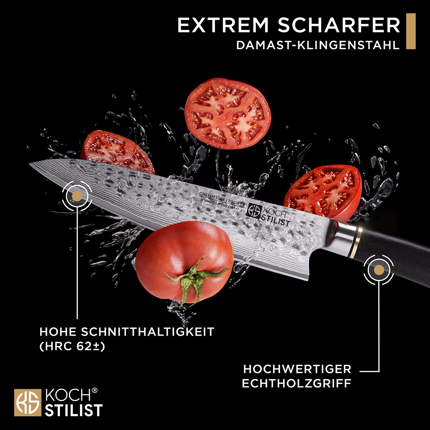 COOKINGSTYLEIST® -NEW- Premium Damascus Knife 20 cm [+ incl. Gift Box] Genuine Damascus steel with 67 layers & VG-10 core for best cutting performance - Chef's knife with elegant wooden handle