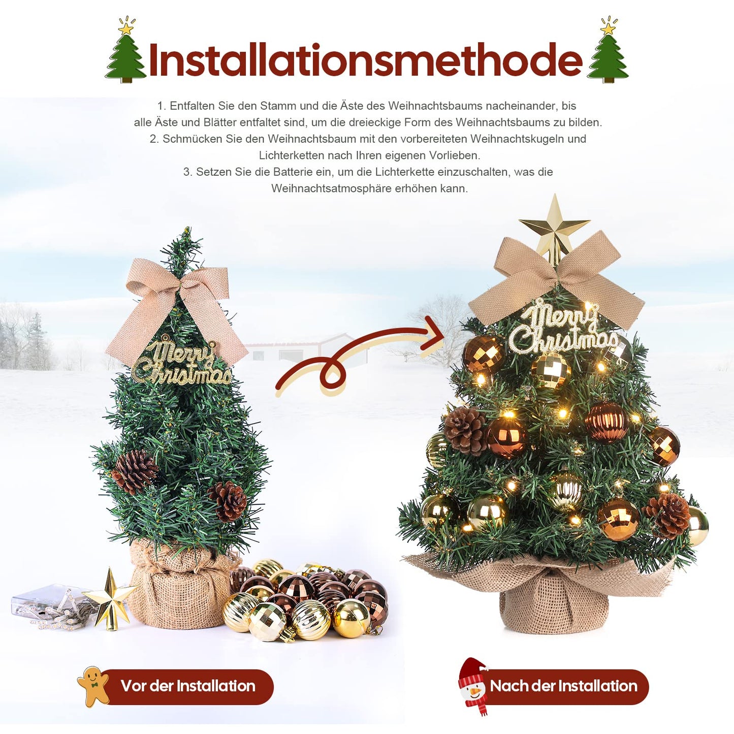 Mini Christmas Tree Small Christmas tree with LED lighting table Christmas tree small artificial decorated for Christmas decoration 40cm (Brown with Gold)