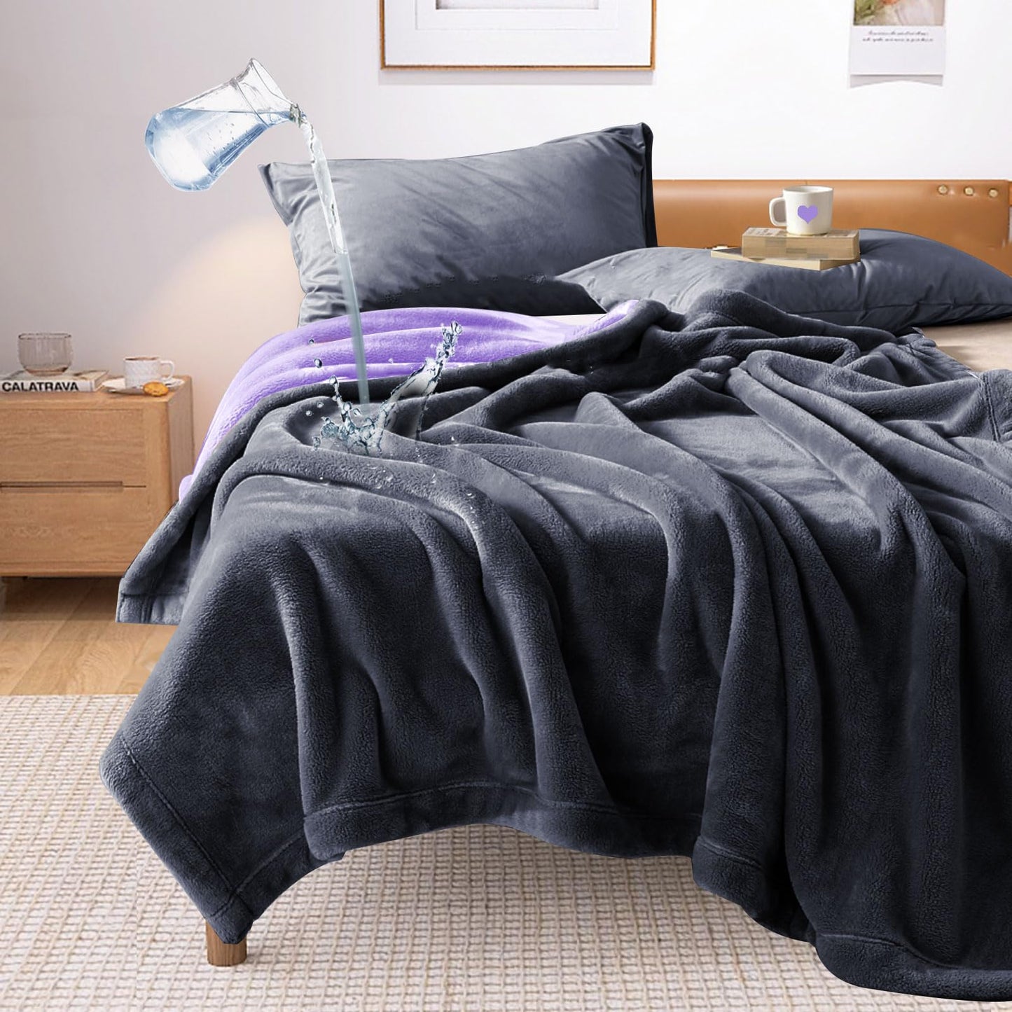 YISURE waterproof blanket Grey 200x150 cm for adults, Washable Grey and Purple Blankets for Sofa Couples Intimacy, Queen Size Reversible Leak-Proof Protective Cover Couch-Bed Cover