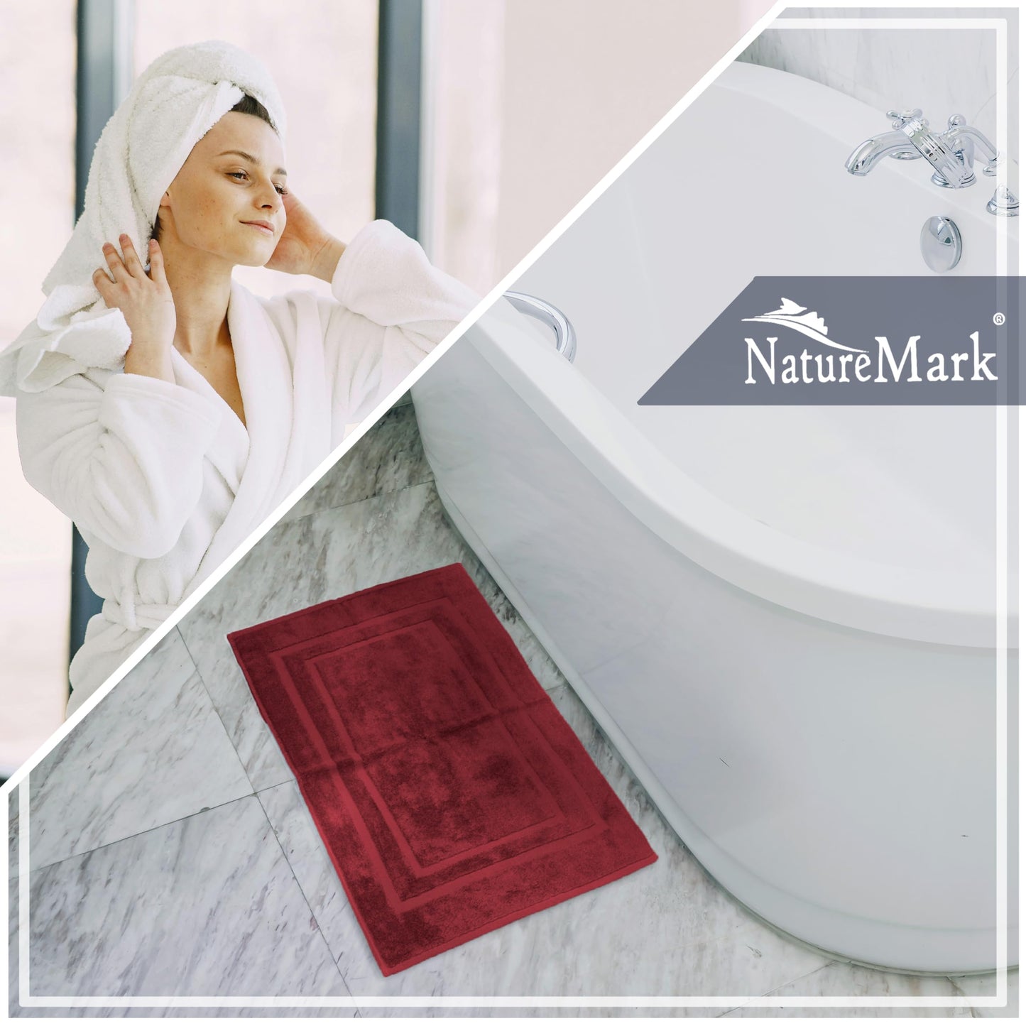 NatureMark 2-pack bath mat | Premium quality | 100% cotton | 50 x 80 cm | Shower mat double pack | Color: Bordeaux red