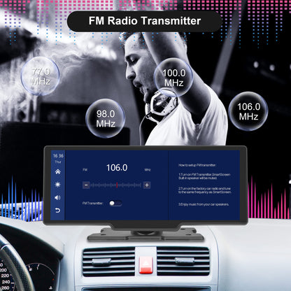 Wireless Apple Carplay Android Auto Portable Car Radio with Rearview Camera 64G TF Card, 10.26-inch Touchscreen Portable Car Radio with Airplay/Android Cast/Dual Bluetooth/FM Transmitter/Voice Control/AUX.