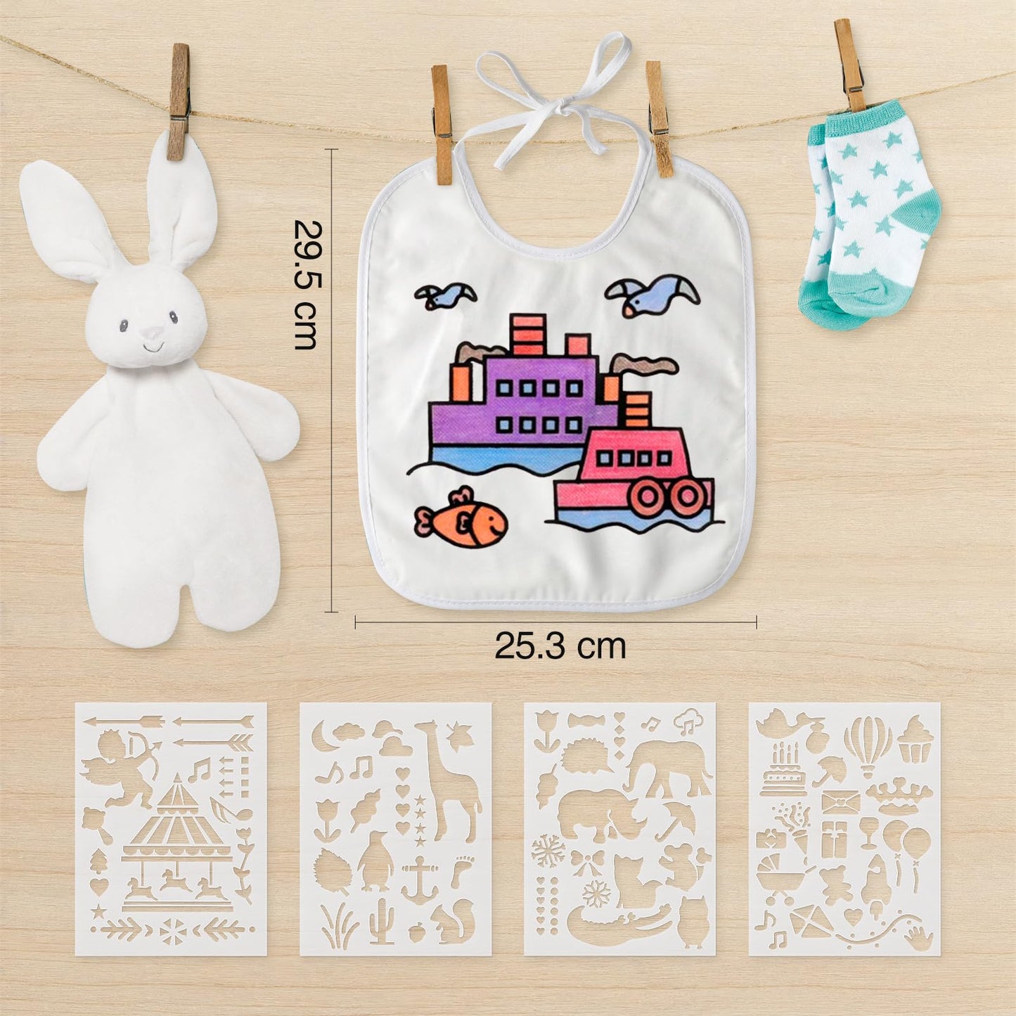 APOGO Bibs for Painting 10 Pieces White Bibs 29.5 * 25.3cm Made of Cotton and Waterproof Side, with 24 Textile Ties and 4 Templates for Boy and Girl Baby Shower Party Decorations