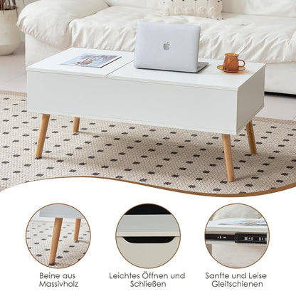 JanflyHome coffee table height adjustable with sliding plate, living room table adjustable in height, coffee tables with storage space, modern white coffee table with 2 large separate hidden storage compartments, White