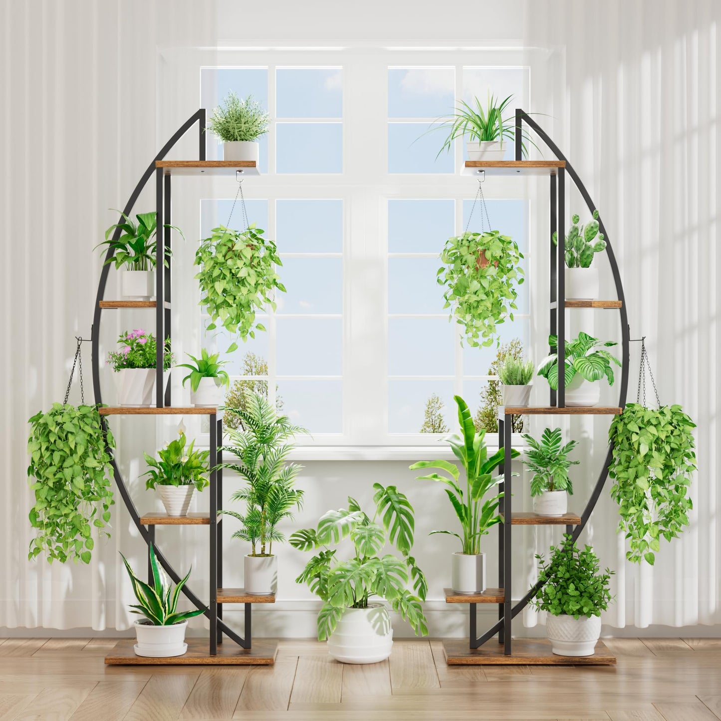 BACEKOLL 6-tier Flower Stand 160cm - Metal-Wood Plant Shelf - Indoor & Outdoor Flower Ladder - Decorative Black Flower Rack for Indoor Garden Balcony 2 PCS (No Light)
