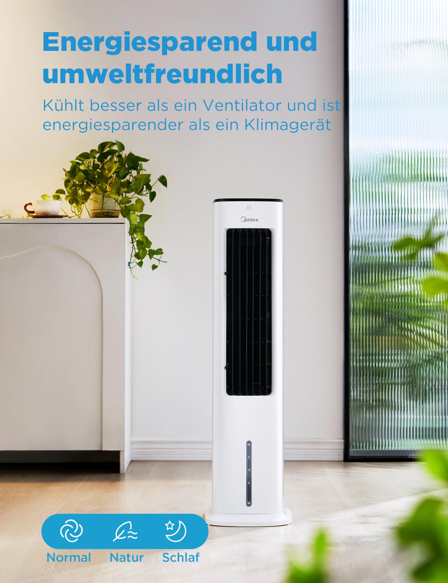 Midea 4-in-1 Portable Air Conditioner without Exhaust Hose | Tower Fan with Water Cooling & Humidifier | Mobile Air Cooler with 5L Water Tank, 355m³/h Airflow, Ionization, Remote Control (55W, White)