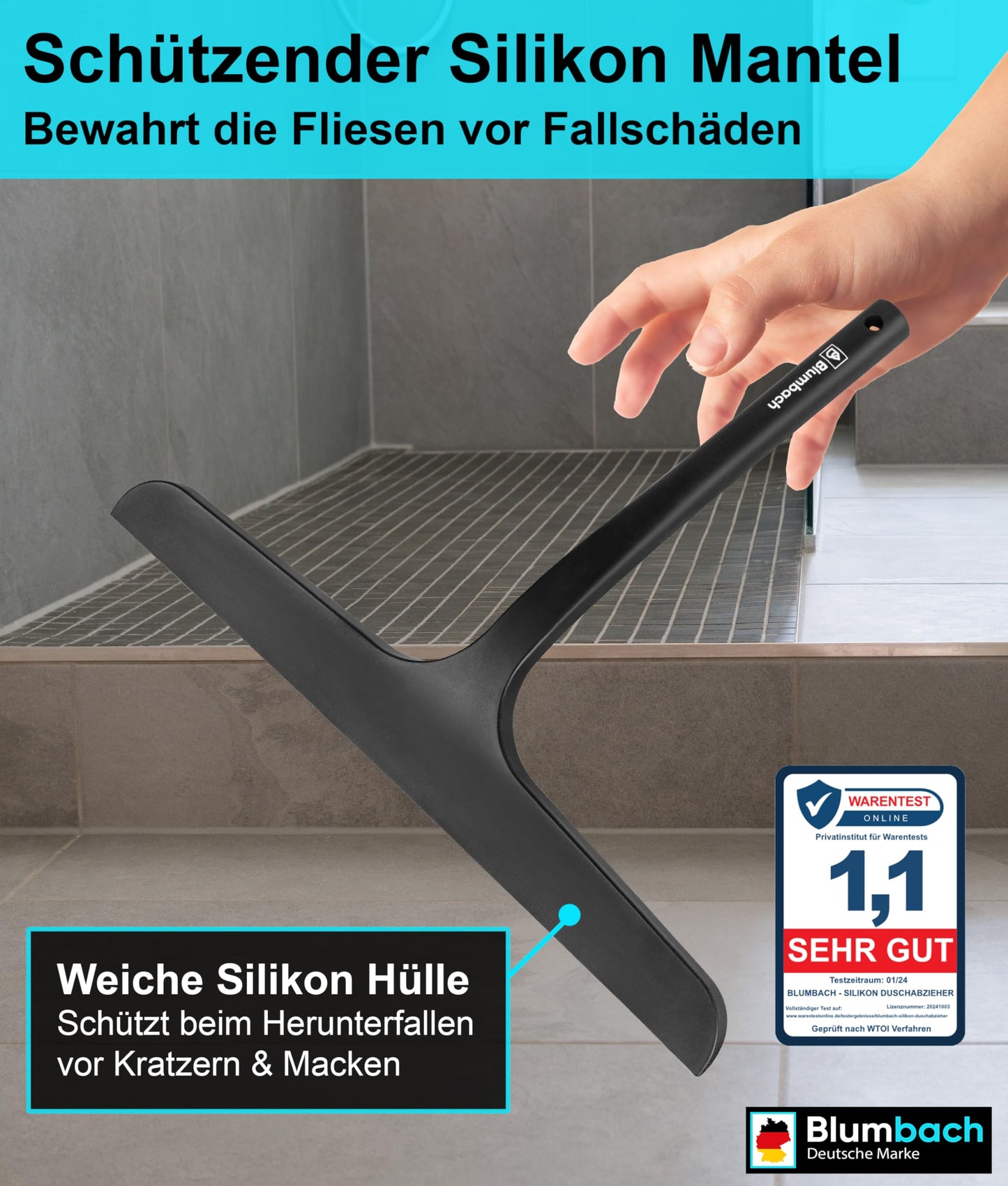 BLUMBACH® Shower Squeegee black, squeegee shower with holder 28 cm wide, window squeegee silicone with stainless steel core, shower squeegee wiper, shower wall squeegee, shower squeegee, glass squeegee.