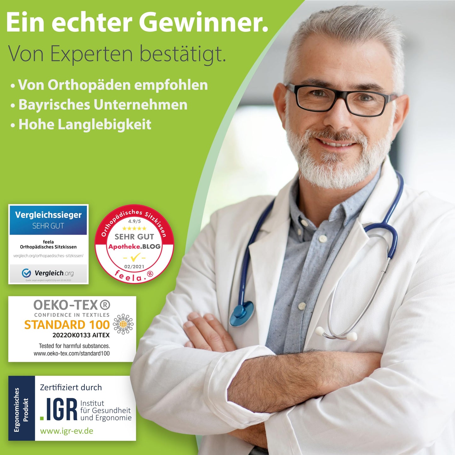 feela.® Orthopedic Seat Cushion [3 Firmness Levels] - Ergonomic seat cushion for office chair & more - Reduces pain, increases sitting comfort, promotes circulation and relieves pressure on the coccyx (Medium)