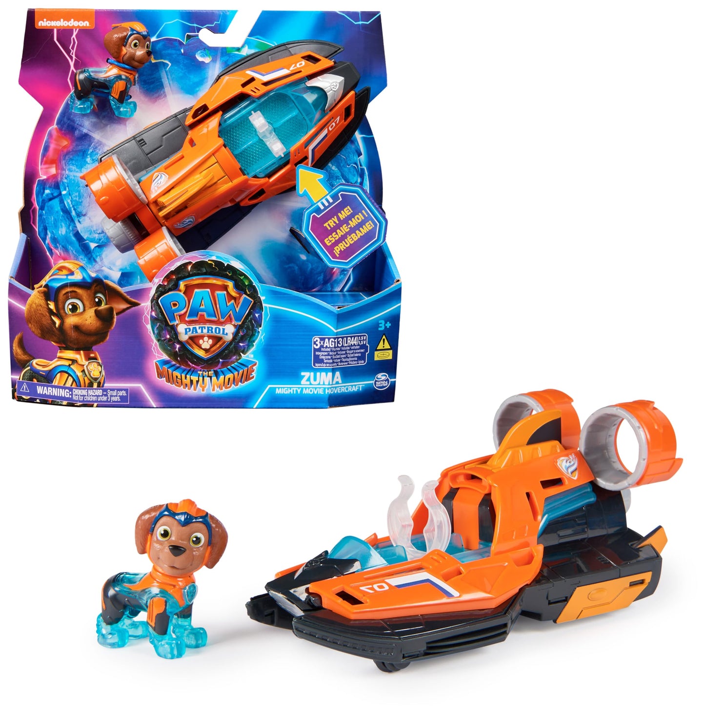PAW Patrol: The Mighty Movie, Zuma's Superhero Base Vehicle with puppy figure, speedboat with light and sound effects, suitable for children aged 3 and older.