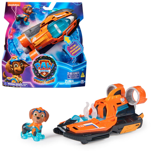 PAW Patrol: The Mighty Movie, Zuma's Superhero Base Vehicle with puppy figure, speedboat with light and sound effects, suitable for children aged 3 and older.