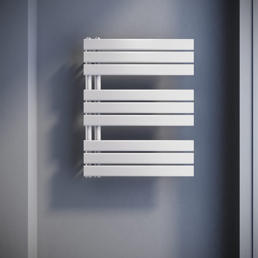 SONNI flat towel radiator 762 x 600 mm in white with side connection panel. 781W towel warmer.