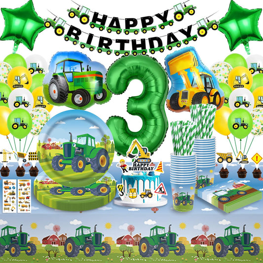 Tractor party supplies for kids birthday 3, tractor birthday decor for 3 years, tractor decor for kids birthday 3, birthday decor for 3 years boy tractor balloons paper plates tablecloth for boy 16 guests.