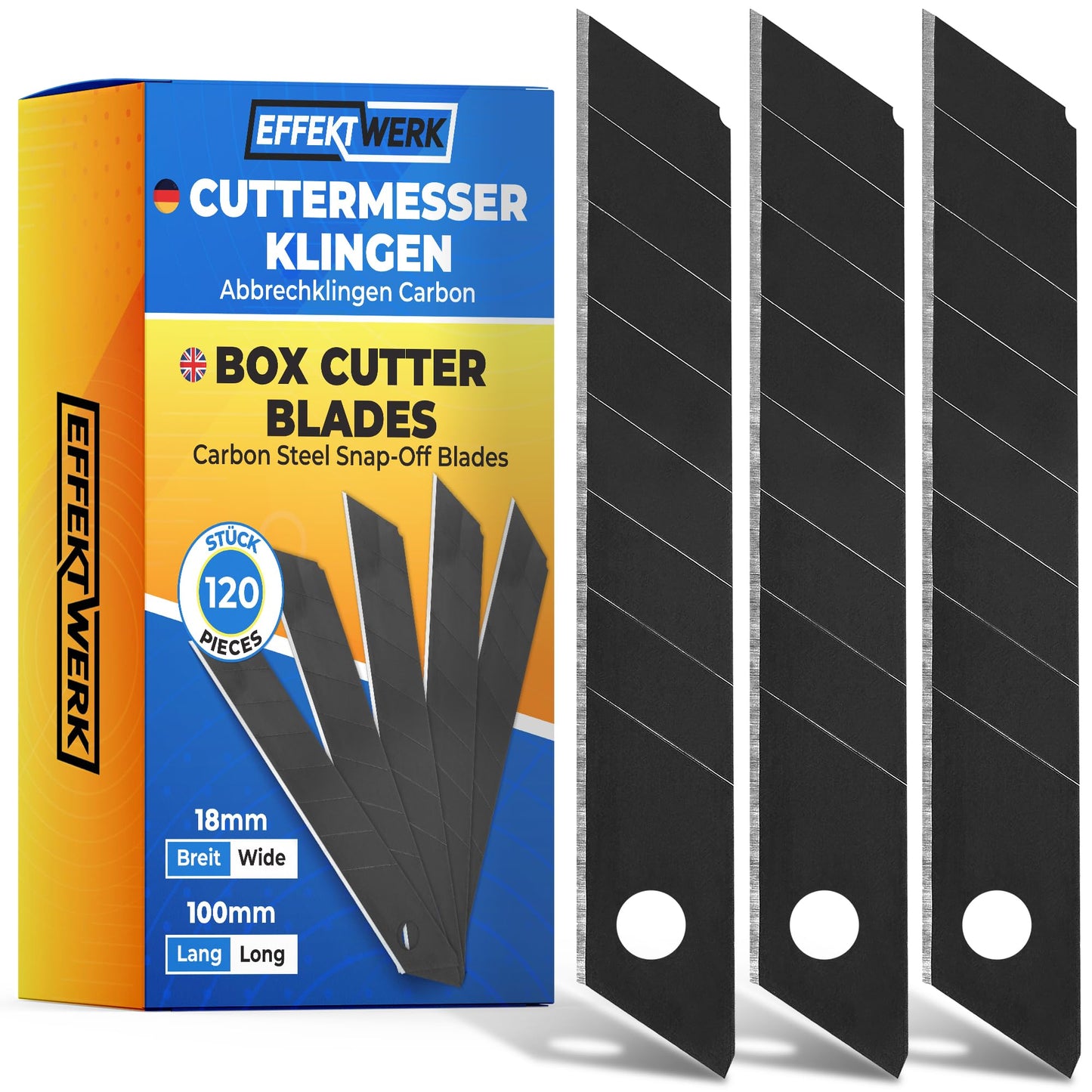 120x utility knife blades - 18mm snap-off blades made of carbon steel - replacement blades for utility knives - carpet knife blades - hardened & extremely sharp - utility knife replacement blades - black